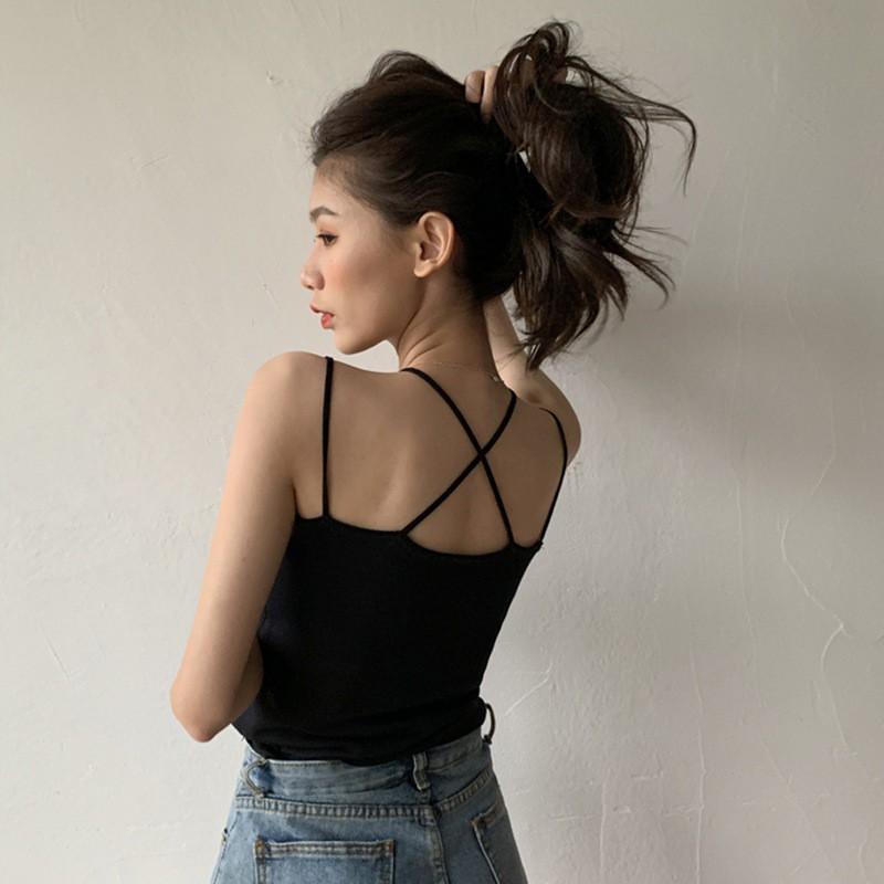 Áo Hai Dây Dệt Kim Một Màu Trơn Nữ Tính Phong Cách Hàn Quốc