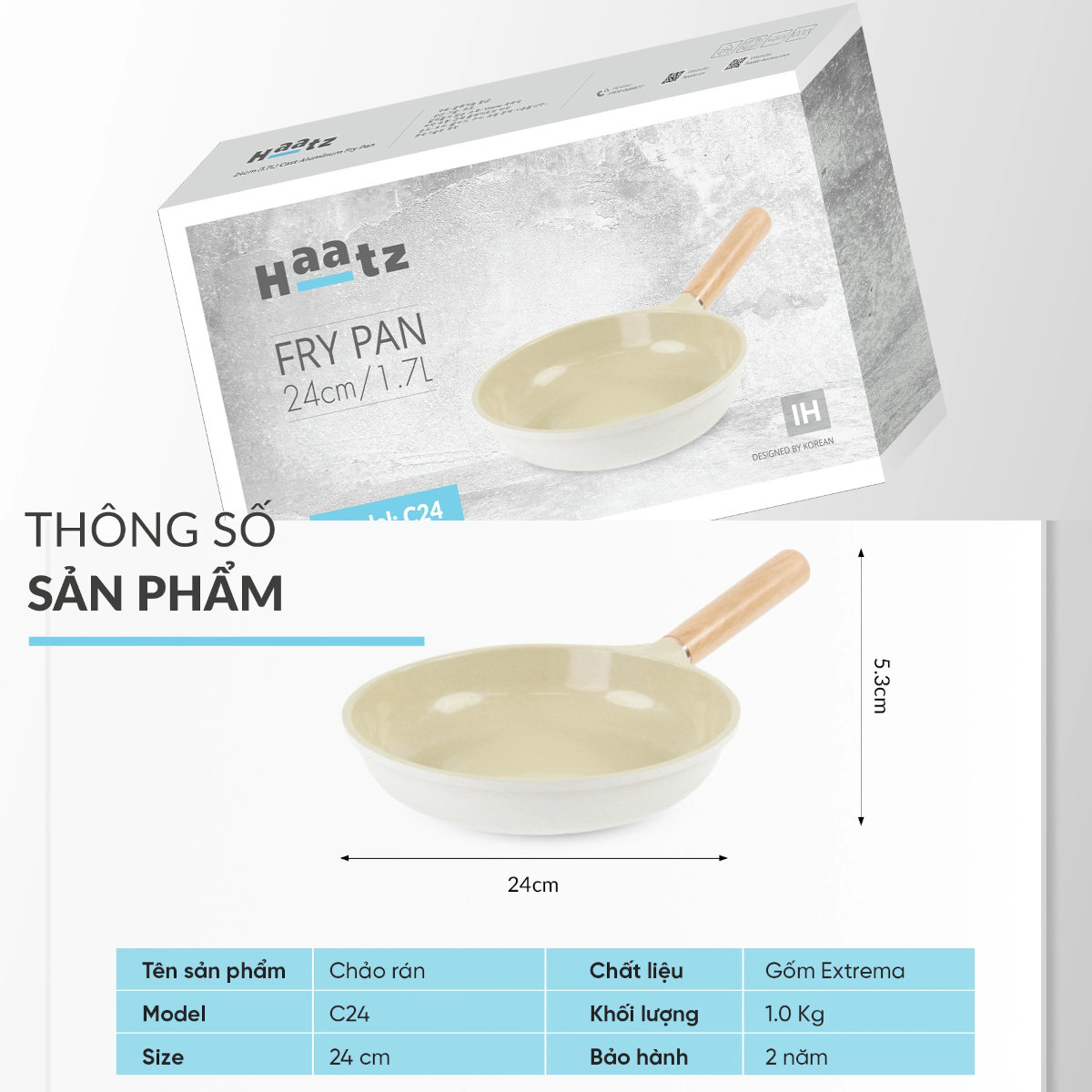 Chảo chiên chống dính phủ gốm Hàn Quốc size 24cm cán gỗ đáy từ