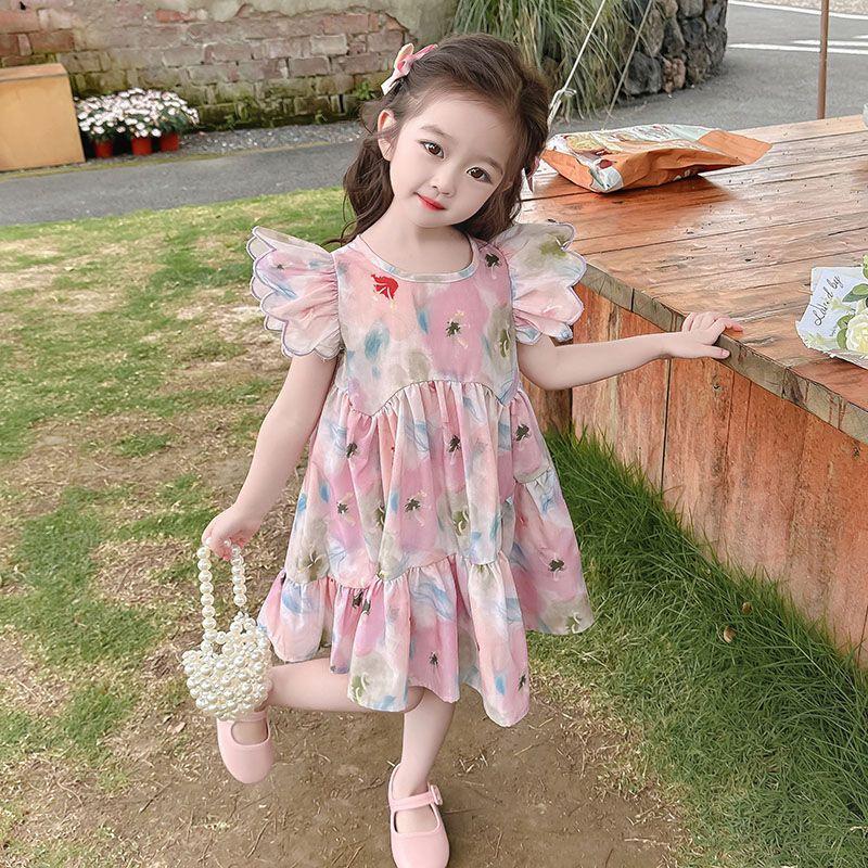 CHENGRUI Cô gái ăn mặc mùa hè 2023 lưới cô gái màu đỏ váy mùa hè thời trang trẻ em mùa hè váy công chúa