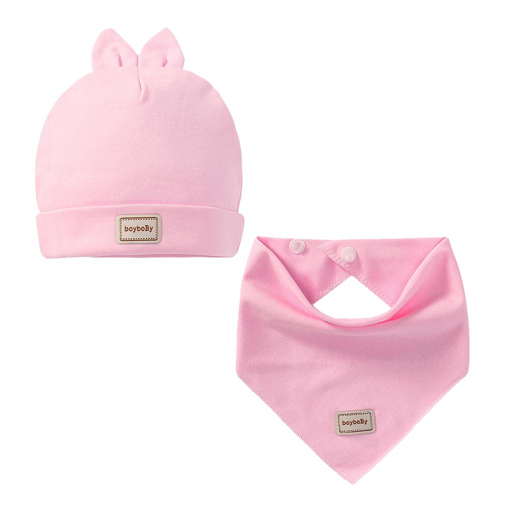 Cotton Beanie Hat Triangle Drool Bib Set for Baby Boy Girls Pink