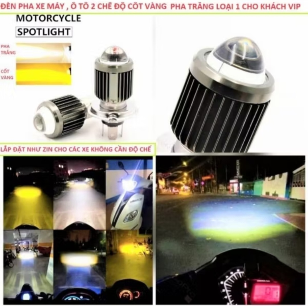 1 BÓNG ĐÈN PHA LED BI CẦU H4 SÁNG PHA VÀNG CỐT TRẮNG LẮP XE MÁY ÔTÔ
