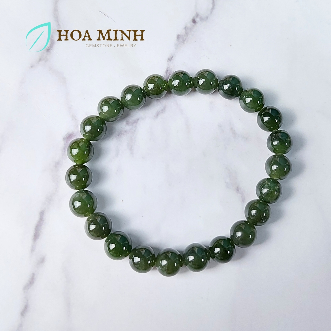 Vòng tay đá Ngọc Bích Nephrite tự nhiên xanh đậm size hạt 7.9 - 8.3 li không kén mệnh