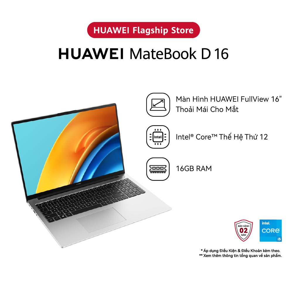 Máy Tính Xách Tay HUAWEI MateBook D 16 (16GB/512GB) Màn hình HUAWEI FullView 16&quot; | Intel Core i5 Thế Hệ Thứ 12 H-Series | Hàng Chính Hãng