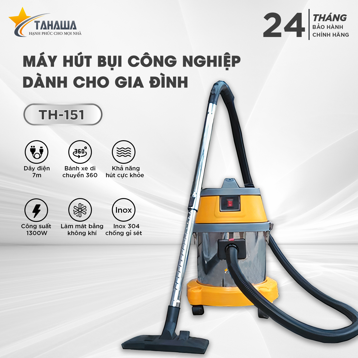 Máy hút bụi công nghiệp TAHAWA TH-151 Máy hút bụi cầm tay Máy thích hợp sử dụng cho môi trường nhỏ và vừa như nhà riêng, văn phòng nhỏ.