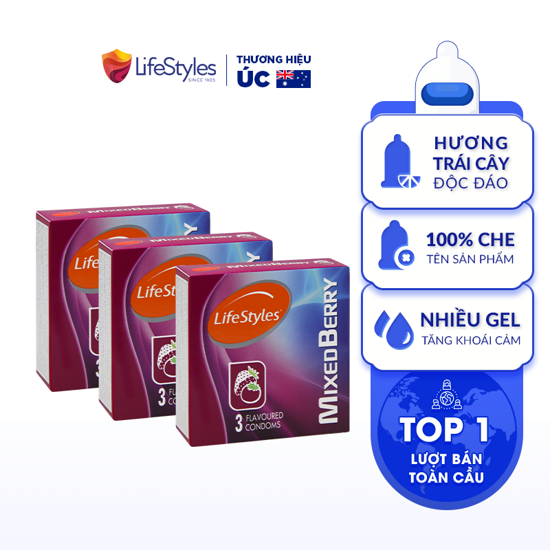 Bộ 3 hộp Bao Cao Su LifeStyles Mixed Berry Hương Dâu 3 Mùi Cao Cấp Hộp 3 bao