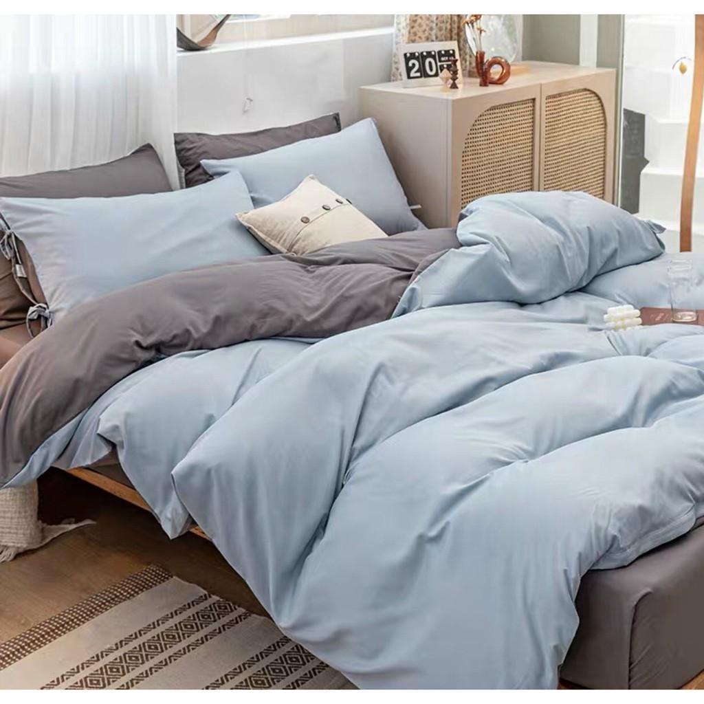 Bộ chăn ga Cotton Poly xanh dương nhạt ga ghi - Hàng nhập khẩu