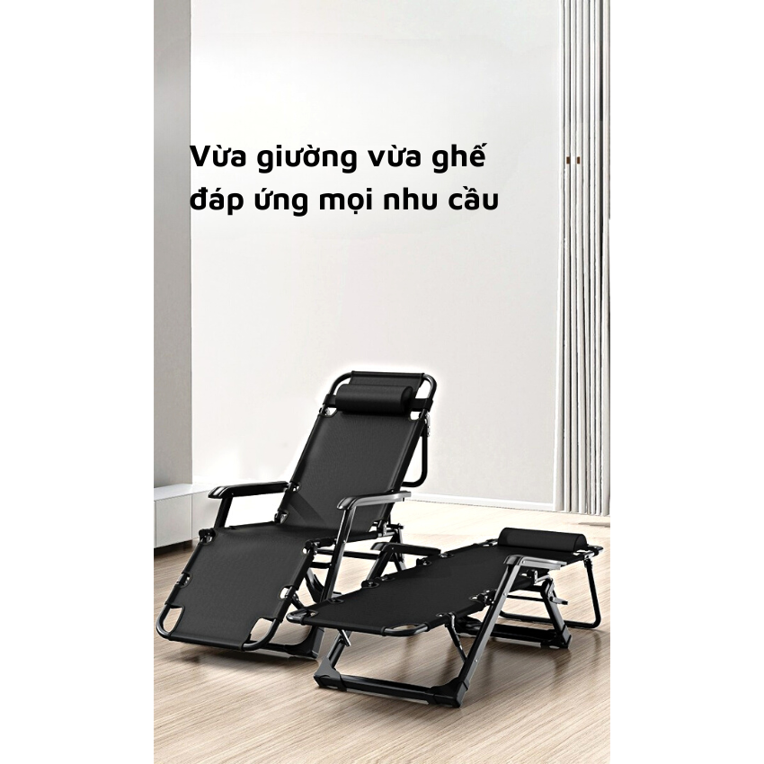 Ghế Giường Xếp Thư Giãn Gối Đầu, Ngả Lưng 180 Độ, Ghế Gấp Gọn Kèm Đệm Black