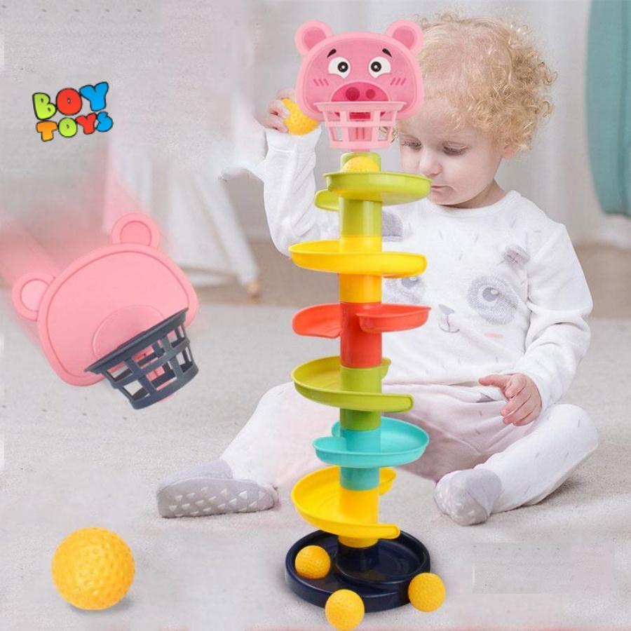 Đồ chơi vận động bóng rổ cầu trượt, cầu trượt thả bóng xoay vòng, tháp bóng lăn nhiều màu sắc thú vị cho bé