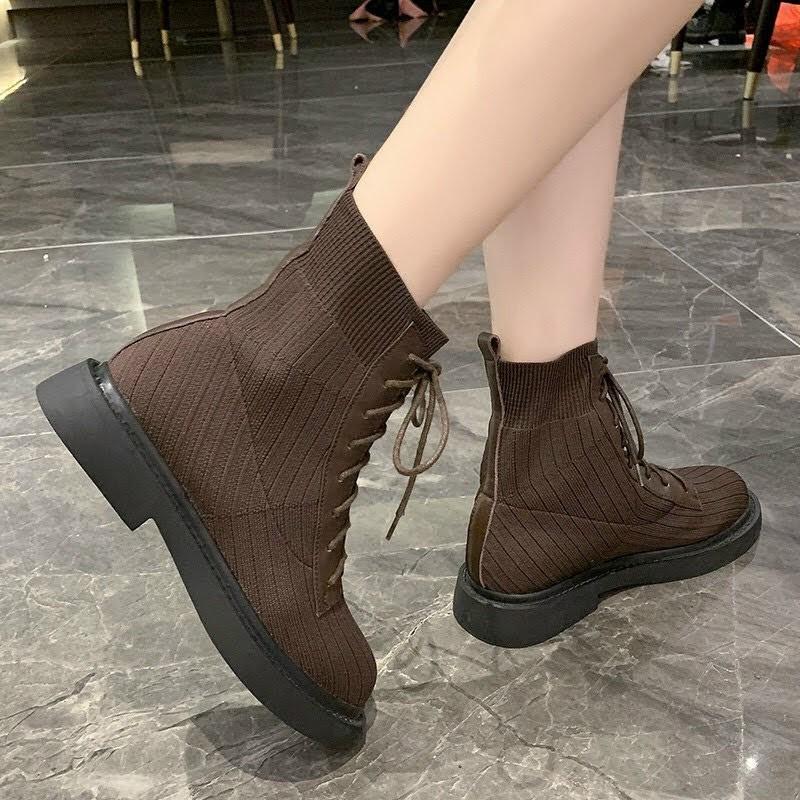 Giày Boots cao cổ len ôm chân màu Nâu loại 1 đế 4cm