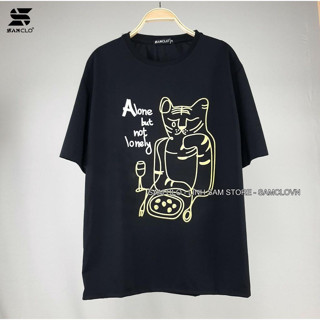 Áo phông nữ tay lỡ thun form rộng SAM CLO freesize dáng Unisex mặc cặp, nhóm, lớp in con mèo chữ ALONE BUT NOT LONELY