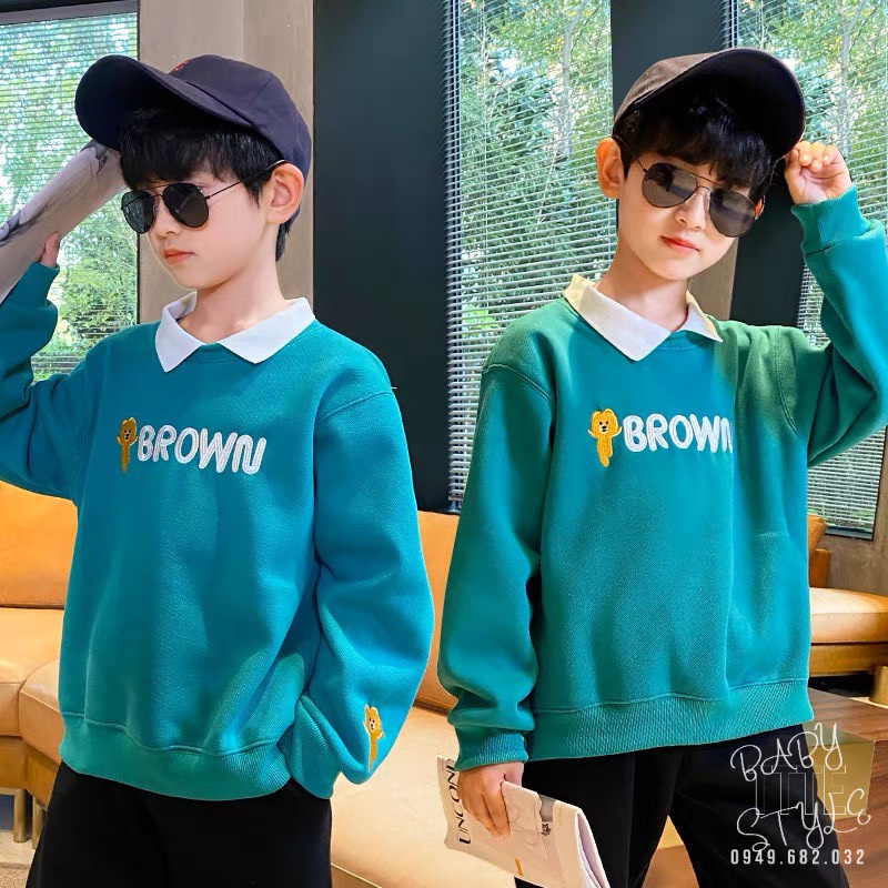 Áo nỉ sweater thu đông bé trai, bé gái &quot;BROWN&quot; 14-45kg, 4-15 tuổi. Vải da cá dày dặn. Hàng may kỹ