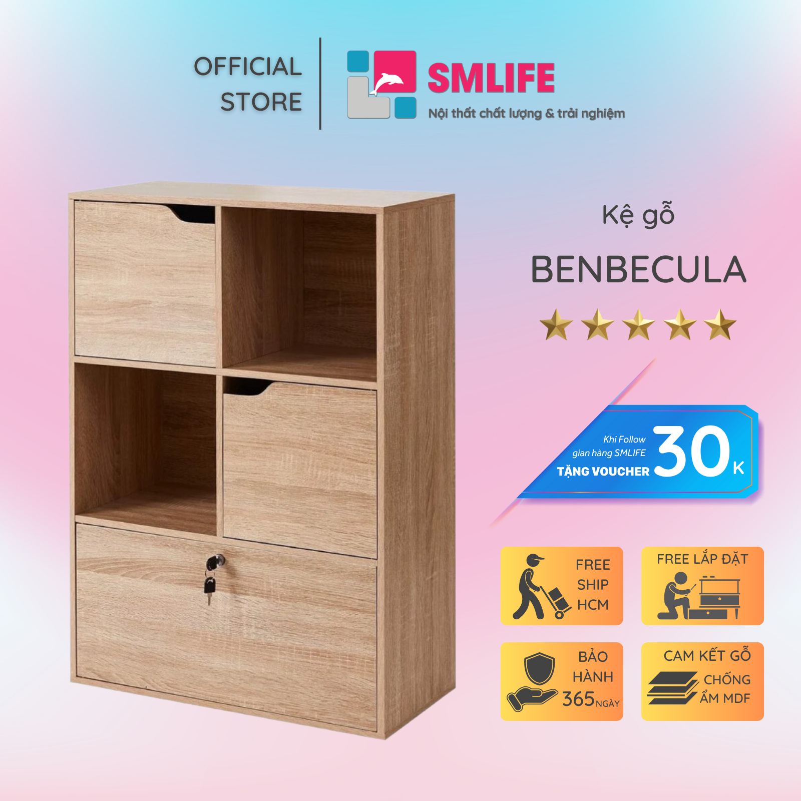 Kệ sách, kệ trang trí gỗ hiện đại SMLIFE Benbecula | Gỗ MDF dày 17mm chống ẩm | D60xR30xC90cm