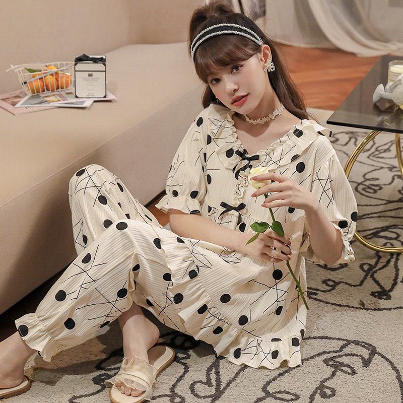 Bô Đồ Ngủ Pyjama Bèo Nơ Tay Ngắn Quần Dài Cotton Mùa Hè