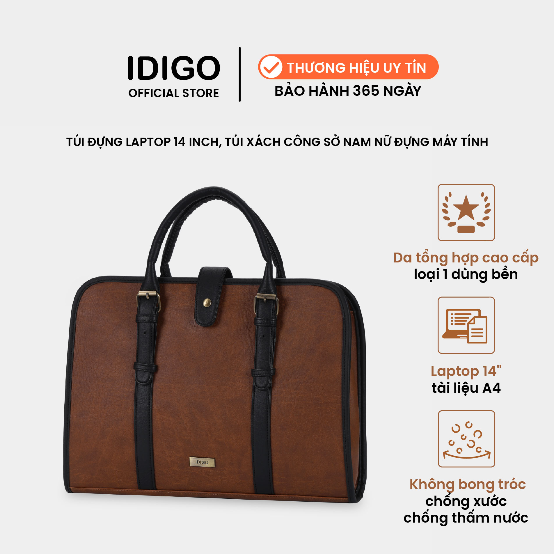 Túi đựng laptop 14 inch đeo vai, túi xách công sở nam nữ ngăn rộng đựng tài liệu A4 IDIGO UB2 - 6030