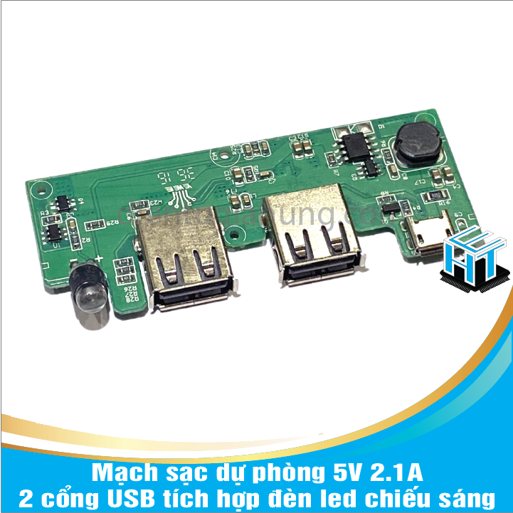 Mạch sạc dự phòng 5V 2.1A 2 cổng USB tích hợp đèn led chiếu sáng