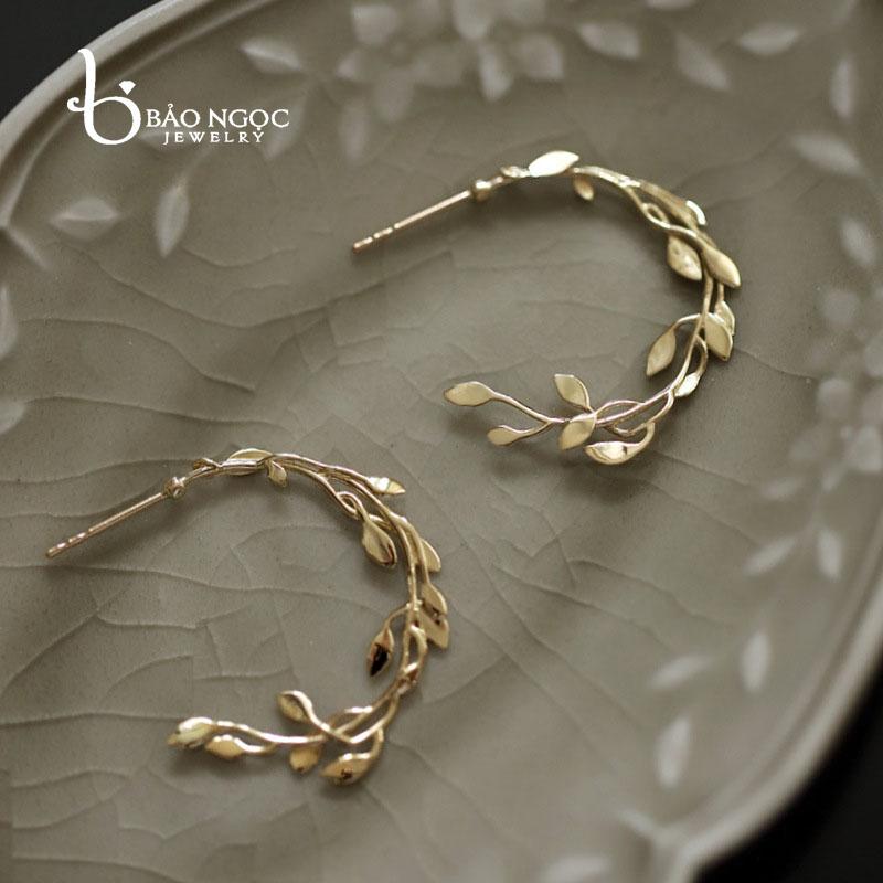 Bông Tai Bạc S925 Hình Nhành Lá Mạ Vàng 14k Độc Đáo - B2820 - Bảo Ngọc Jewelry