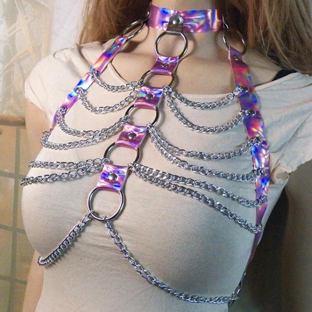 Women PU Leather Adjustable Body Chest Harness Belt Choker Necklace