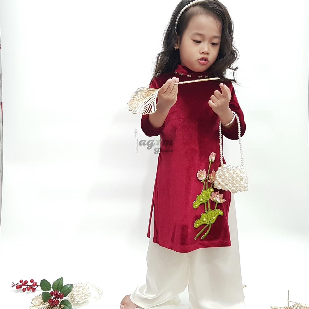 Áo dài truyền thống vải nhung mềm thêu hoa sen cho bé gái từ 8-30kg - Lagim house