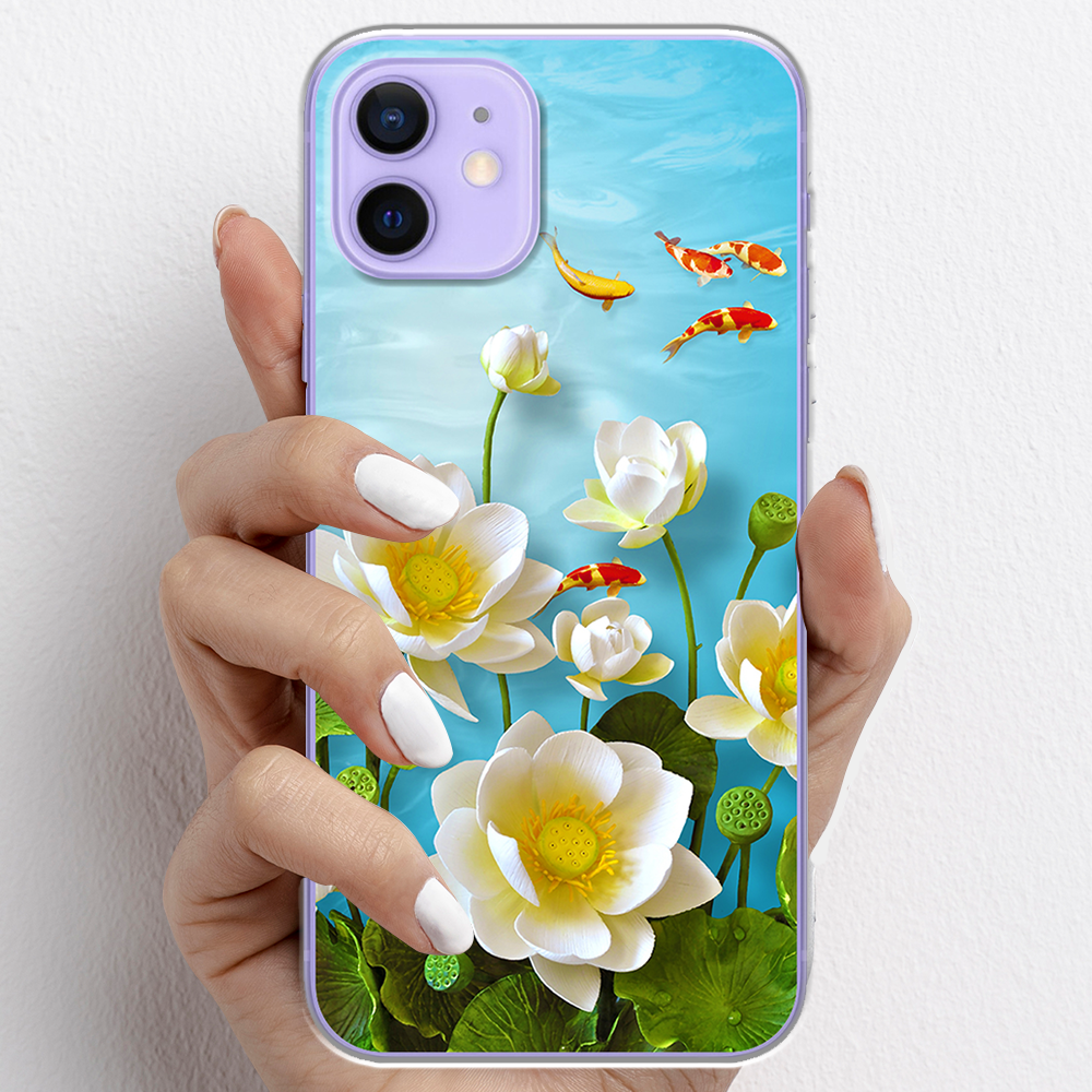 Ốp lưng cho iPhone 12, iPhone 12 Mini nhựa TPU mẫu Hoa sen cá chép đỏ