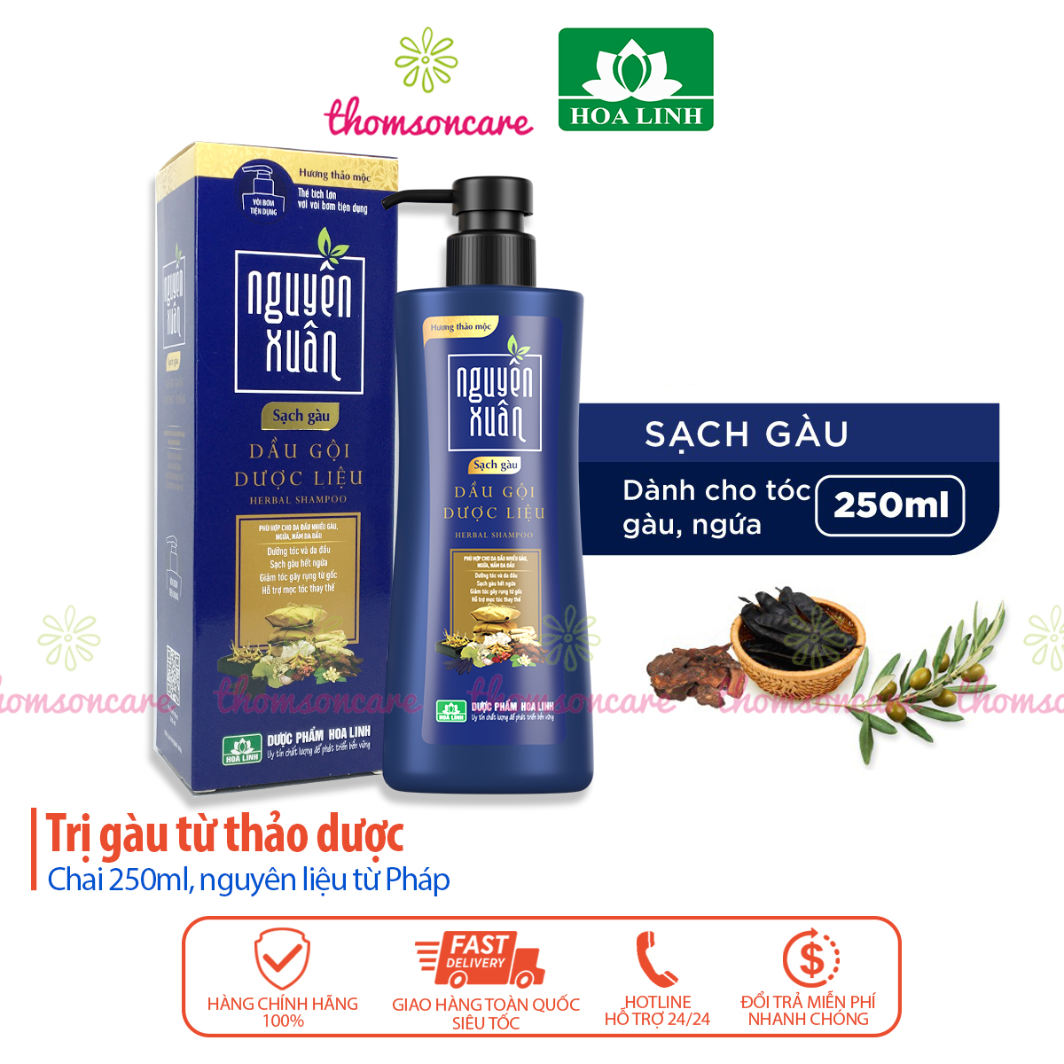 Dầu gội dược liệu Nguyên Xuân có vòi – Cho tóc bết, nhiều gàu, giảm khô xơ, hư tổn, dưỡng và phục hồi sâu từ bên trong – Chai sạch gàu
