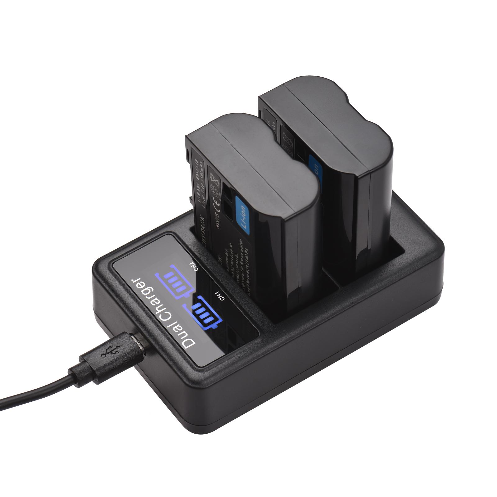 EN-EL15 Battery & Charger Kit 2pcs 7.4V 2550mAh Battery + 1pc Dual Channel Battery Charger LED Screen Display for Nikon