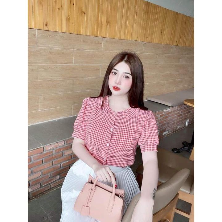Áo Sơ Mi nữ công sở thời trang SURI Caro xốp đen đỏ Tay Ngắn Dáng Rộng Kẻ Sọc Kiểu Hàn Quốc-CARODENDOND