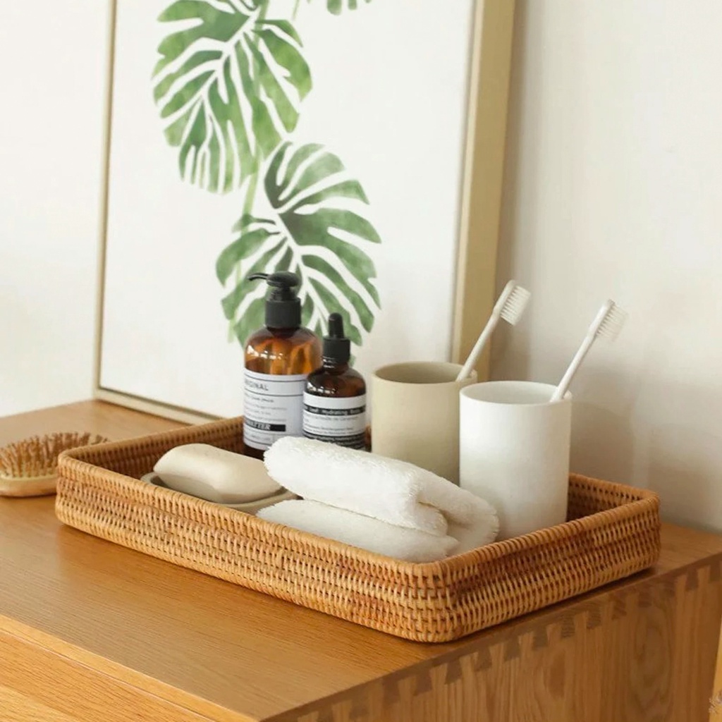 Khay mây đựng bánh URSPACE trang trí tiệc, decor chụp ảnh sản phẩm/ SET OF 3 RECTANGLE RATTAN TRAY