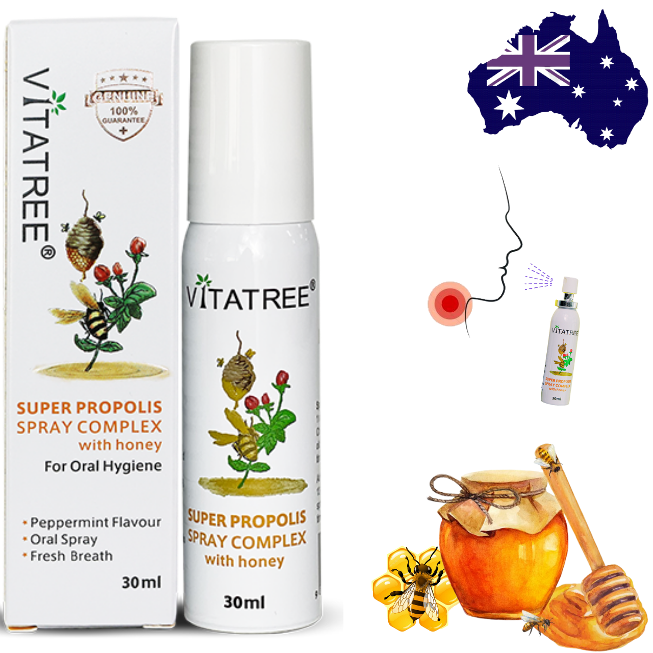 Xịt họng keo Ong Úc Vitatree Super Propolis Spray Complex with Honey Giúp bổ sung kháng khuẩn tự nhiê, Giảm đau rát viêm họng, ho, nhiệt lỡ miệng - Massel Official