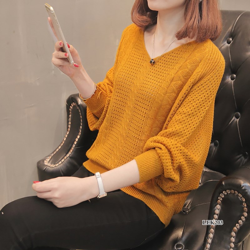 Áo len nữ cao cấp, thiết kế cánh dơi, cổ V Hàn Quốc - kiểu đan lưới rỗng thoáng khí hợp với mùa Xuân, Thu