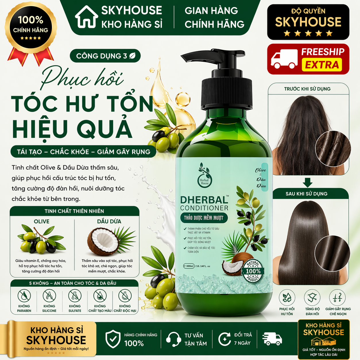 Dầu xả thảo dược thiên nhiên tinh chất olive dầu dừa độc quyền DHERBAL chai 300ml  dầu xả tóc chắc khỏe suôn mượt chính hãng