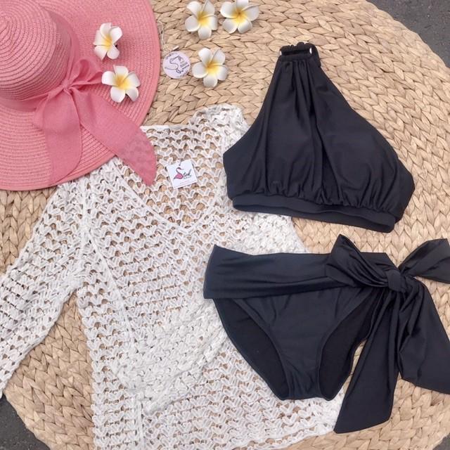 Bikini, bộ bơi áo lệch vai phối khoen vuông, quần nơ dài, phong cách Hy Lạp - EVA shop