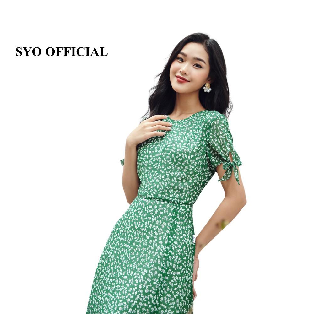 Đầm midi hoa nền xanh, tay buộc nơ SYO D3009-21