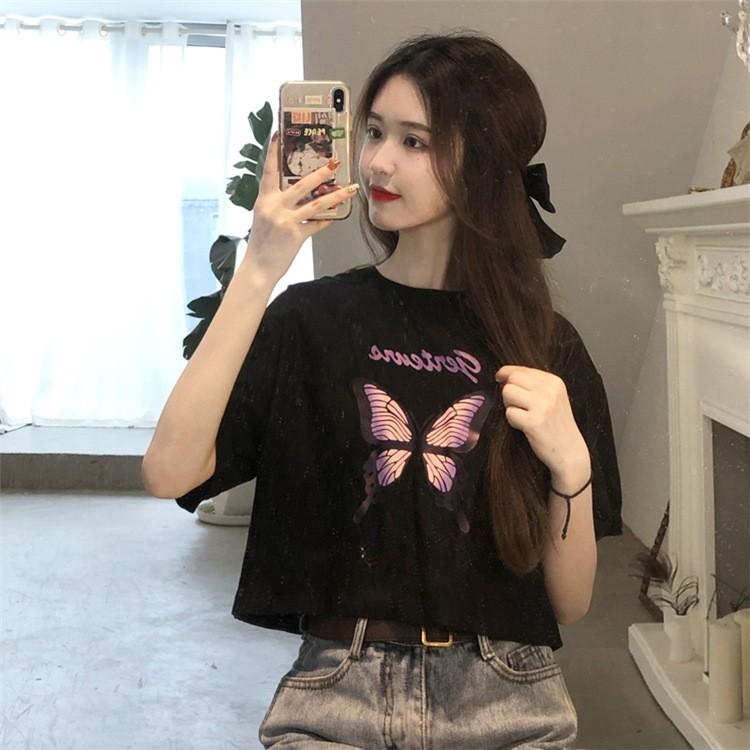 Áo thun croptop nữ form rộng tay ngắn ulzzang in hình Bướm trẻ trung phong cách Hàn Quốc C15 - Maoshop