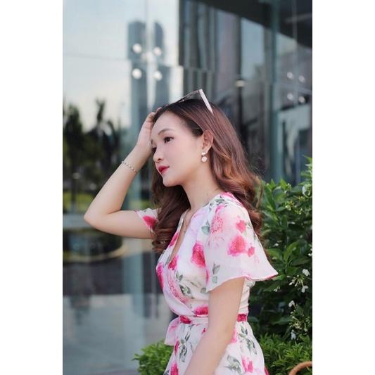 Váy thiết kế cổ V hoa hồng - 22CHIC