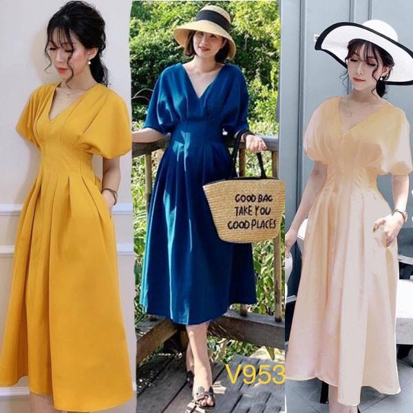 ĐẦM CỔ V XẾP LY EO SANG CHẢNH