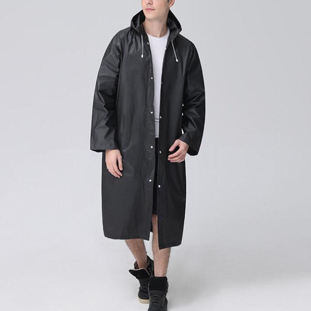 Women Men Fashion Solid Black Rain Poncho Long Sleeve Hooded Raincoat Jacket