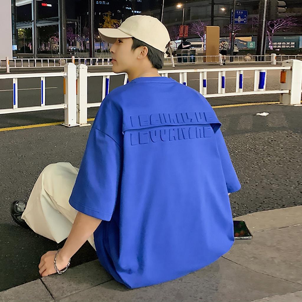 Áo thun nam form rộng, tay lỡ, cổ tròn, hình in nổi 2 mặt - chất liệu vải cotton cao cấp, kiểu dáng thời trang - xanh