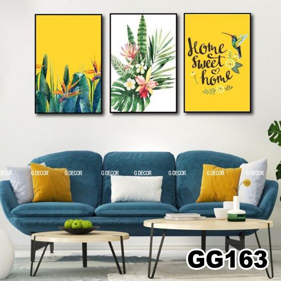 Tranh treo tường canvas 3 bức phong cách hiện đại Bắc Âu 113, tranh lá cây trang trí phòng khách, phòng ngủ, spa