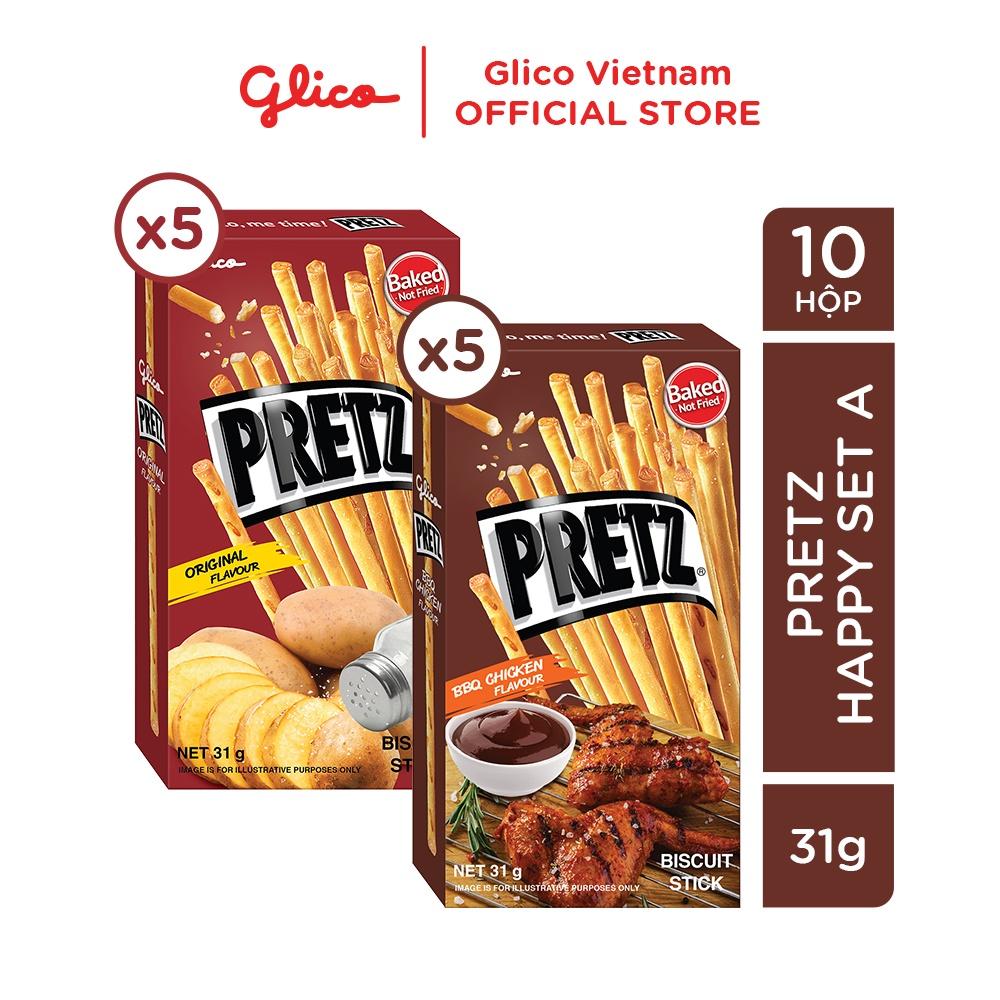 Bánh snack que mặn nướng giòn Glico Pretz Happy Set A combo 10 hộp (5 BBQ gà nướng - 5 nguyên bản )