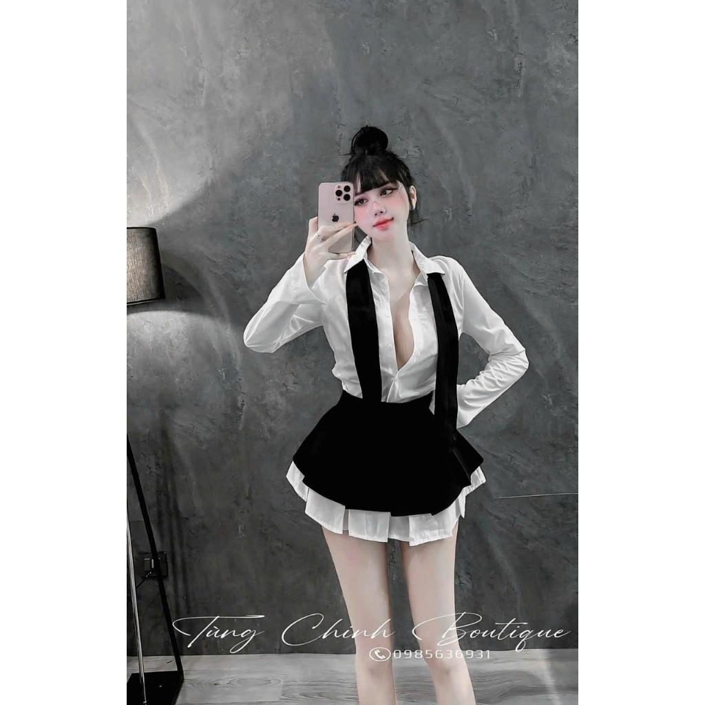 Sét sơ mi dài tay mix chân váy ly phối tặng cà vạt  LD781 BY JOLIE - kẻ xám, kẻ xám