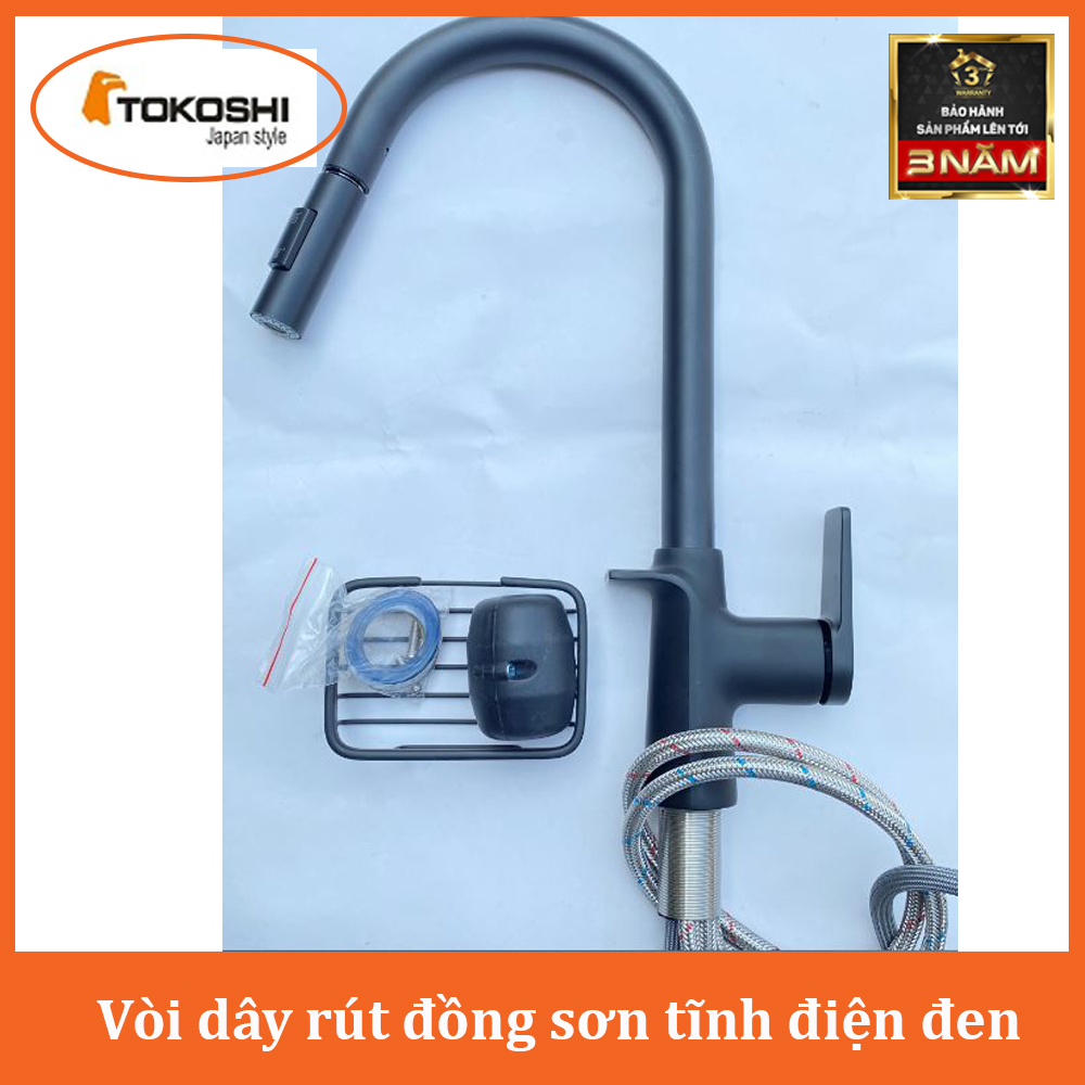 VÒI RỬA BÁT NÓNG LẠNH CAO CẤP TOKOSHI, VÒI DÂY RÚT PHUN SƠN TĨNH ĐIỆN NANO ĐEN, TẶNG KÈM DÂY CẤP