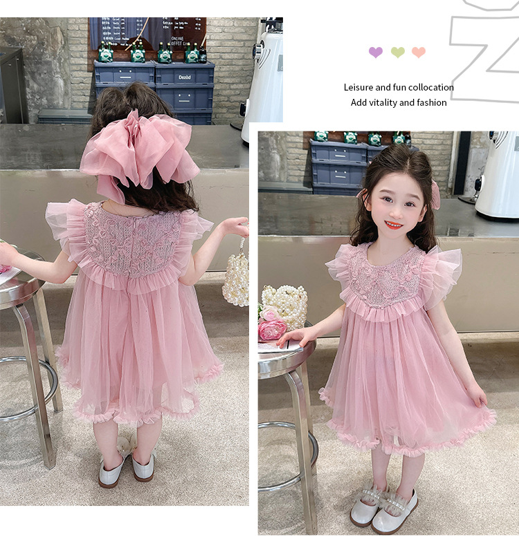 Váy công chúa bé gái cộc tay, Đầm dự tiệc cho bé 1-6 tuổi thêu hoa lấp lánh vải ren cao cấp điệu đà đáng yêu