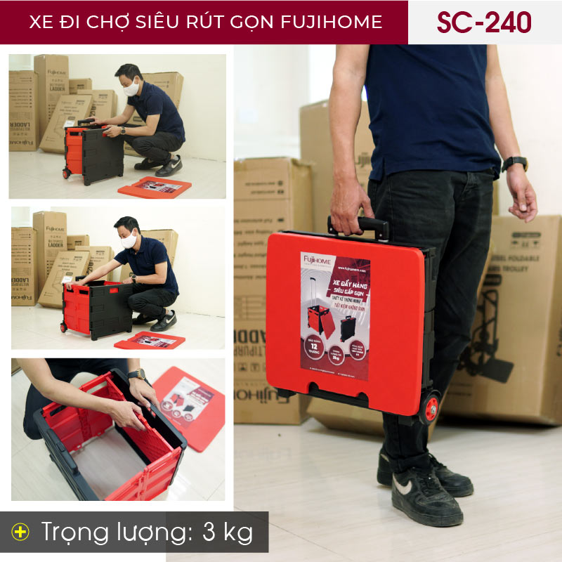 Xe kéo hàng đi chợ rút gọn FUJIHOME SC-240 tải trọng 35-40kg, Công nghệ Nhật Bản