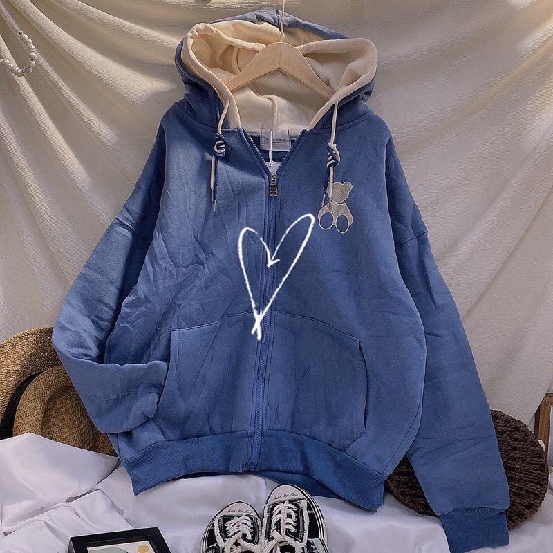 Áo Hoodie Nỉ Bông 2 NÓN THÊU GẤU Form Rộng FREE SIZE Unisex Ulzzang NUPAKACHI