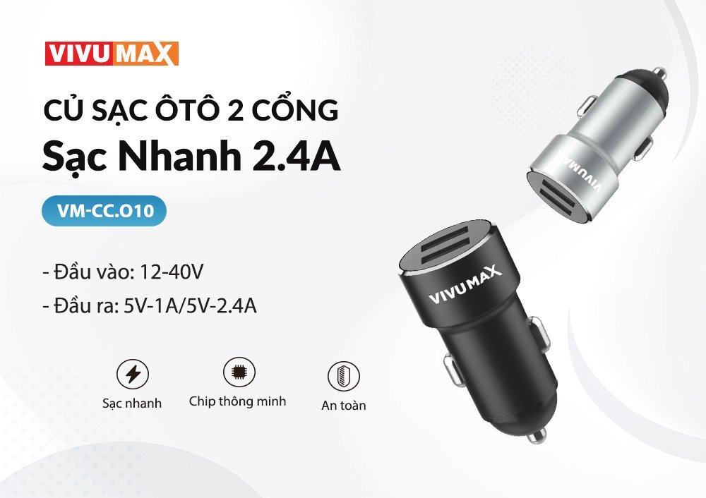 Củ Sạc Nhanh ôtô Vivumax O10 2USB 5V2.4A Max - Màu đen