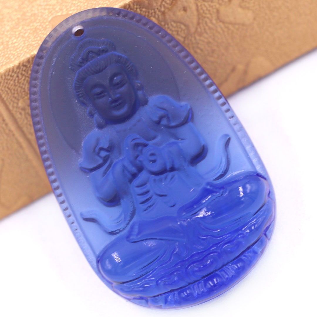 Mặt Phật Đại nhật như lai thuỷ tinh xanh dương 3.6 cm kèm móc và vòng cổ dây cao su đen, Mặt Phật bản mệnh