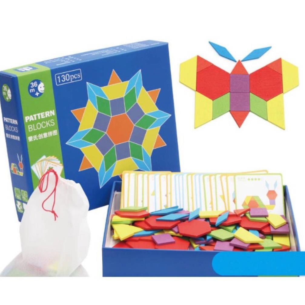 Bộ ghép hình Pattern Block chất liệu gỗ 155 chi tiết- Đồ chơi giáo dục an toàn cho bé từ 3 tuổi phát triển trí tuệ, tư duy sáng tạo