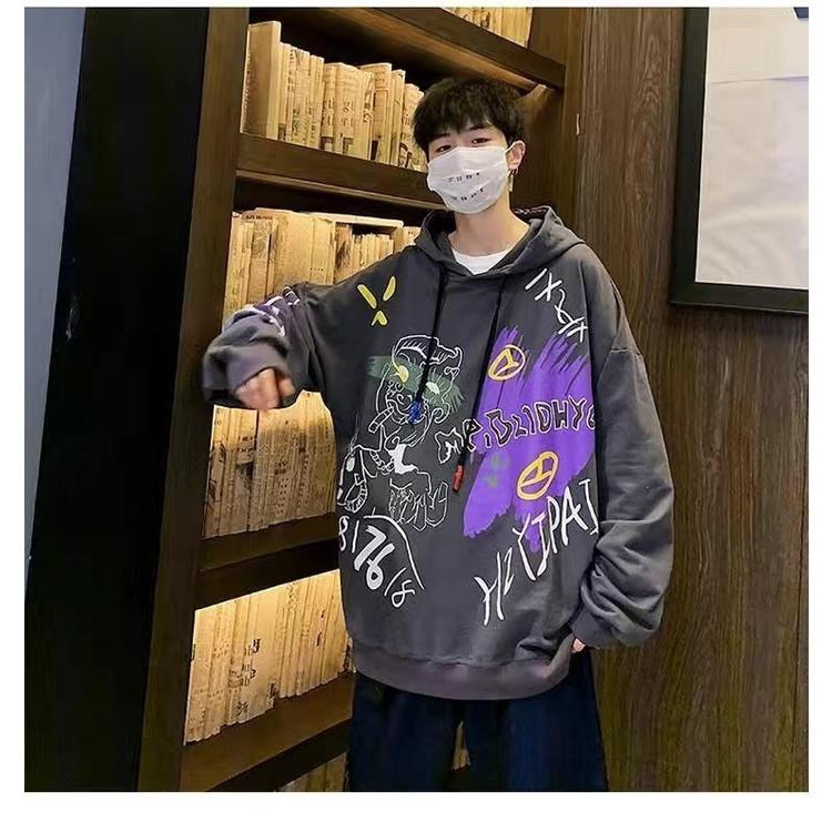 Áo Hoodie Nam Nữ Tay Dài Mũ Nón Dáng Rộng In Hình Cá Tính Phong Cách Thu Đông