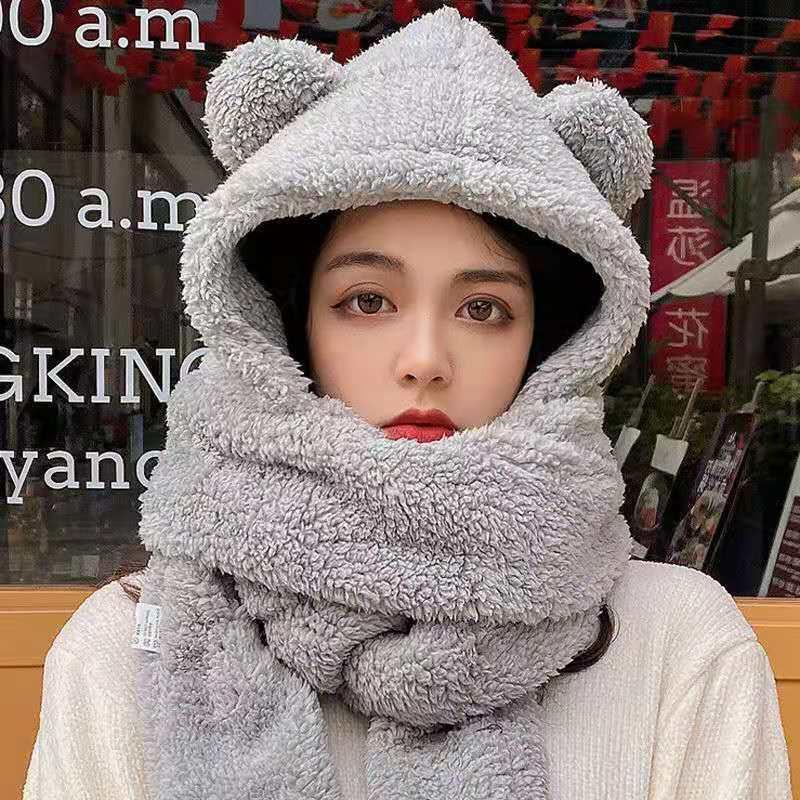 Mũ lông cừu tai gấu nâu kèm khăn và găng tay siêu ấm cho mùa đông- mu long cuu tai gau nau