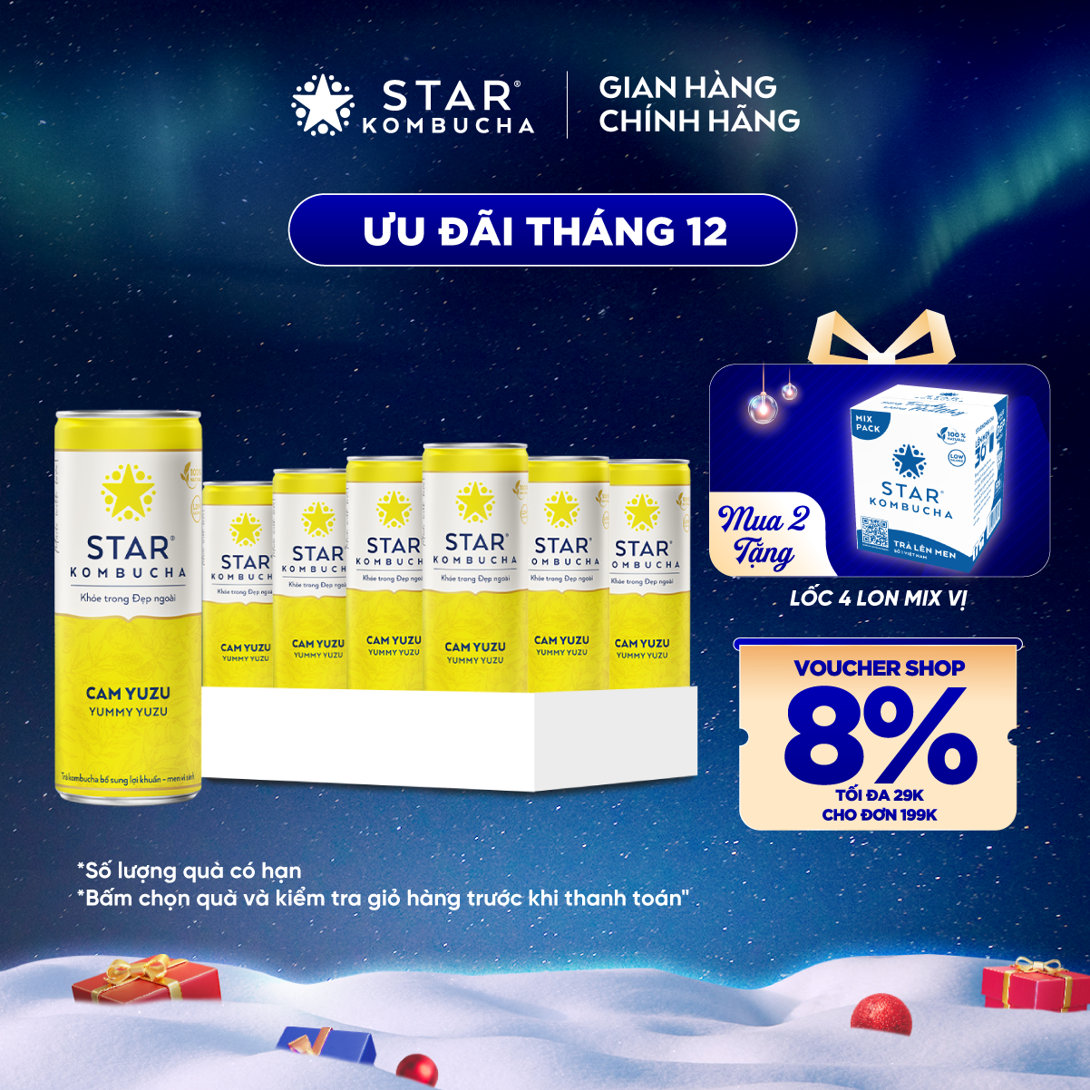 Thùng 12 lon Star Kombucha vị Cam Yuzu/Yummy Yuzu - Trà lên men vi sinh chứa probiotics bảo vệ sức khoẻ